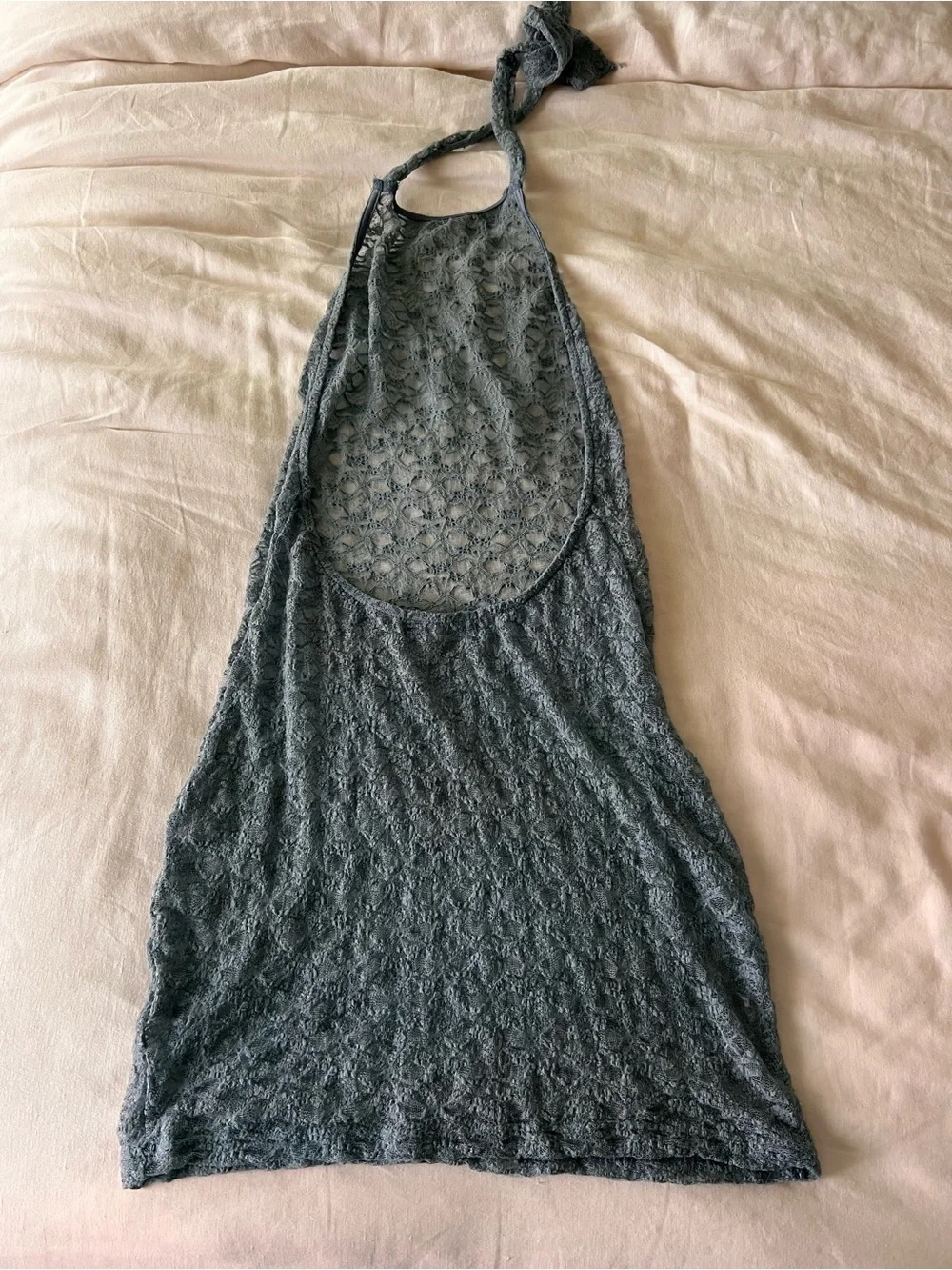 Luna B Oasis Dress Dusty Blue Sheer Lace Halter Backless Fitted Mini Size XS/S